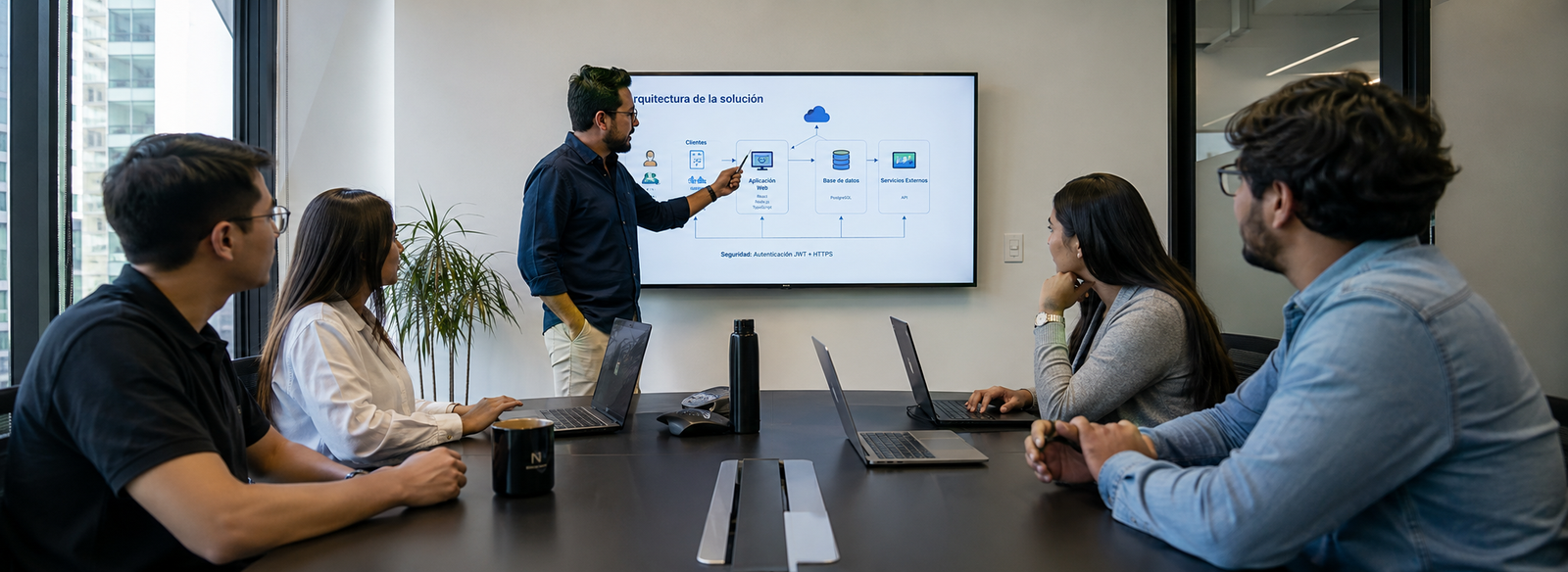 Equipo VOLTORS presentando arquitectura de solución en sala de reuniones